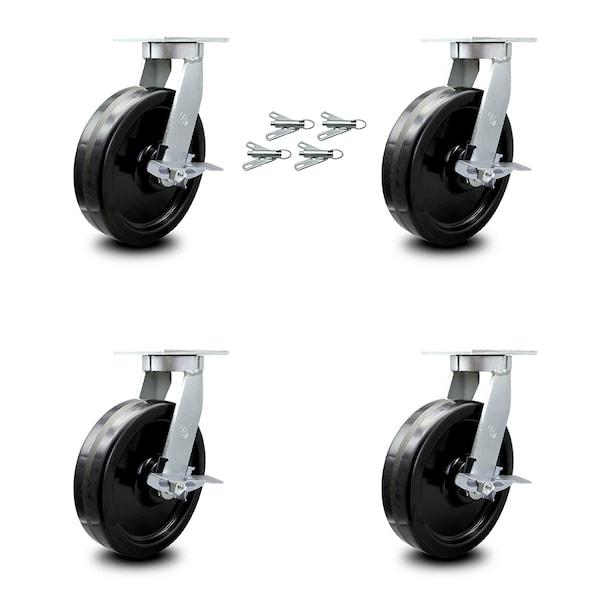 10 Inch Heavy Duty Phenolic Wheel Caster Set with Brakes and Swivel Locks, 4PK